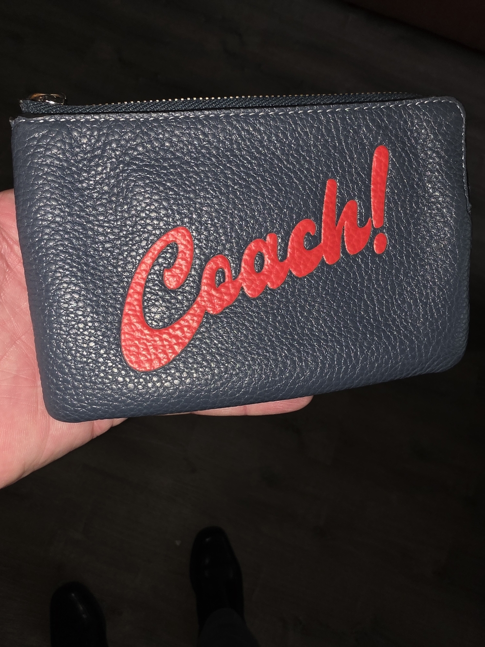 Coach Corner Zip Wristlet with Graphic Logo Denim Navy Leather CU253